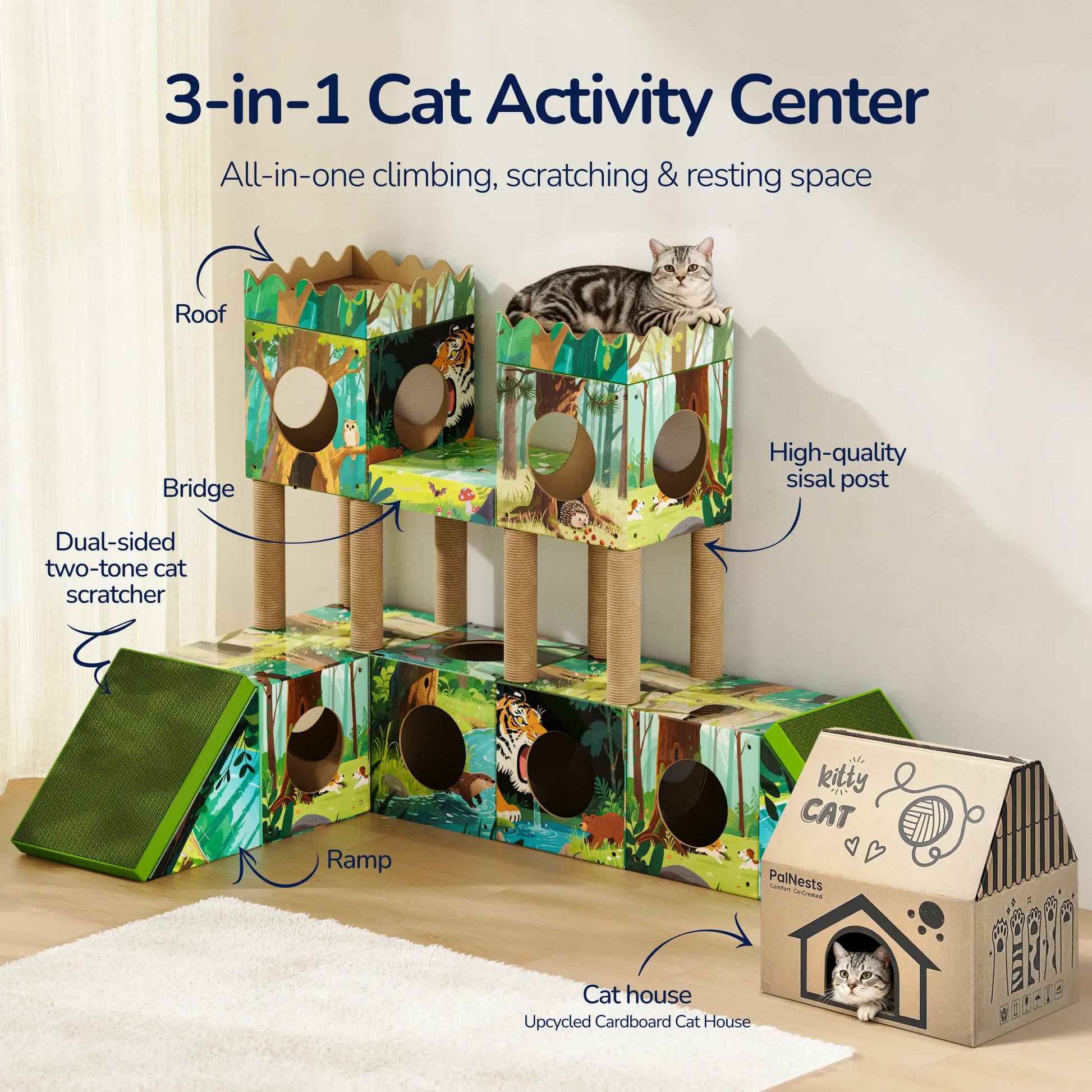 Palnests Cat Trees Tower, 3-In-1 Multi-Level Cat Tree Tower with Scratching Posts, Scratching Board, Tunnel & Playhouse for Kittens & Medium Cats, DIY & Recyclable