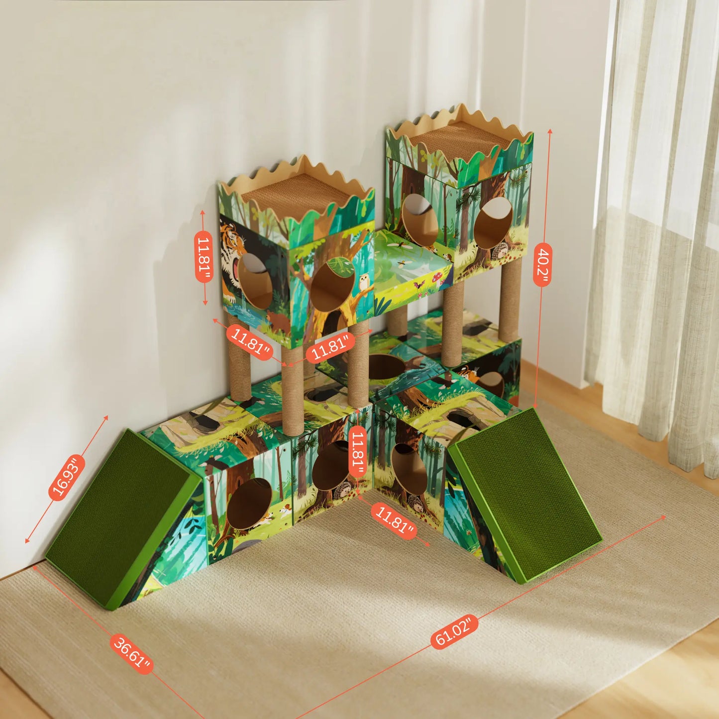 Palnests Cat Trees Tower, 3-In-1 Multi-Level Cat Tree Tower with Scratching Posts, Scratching Board, Tunnel & Playhouse for Kittens & Medium Cats, DIY & Recyclable