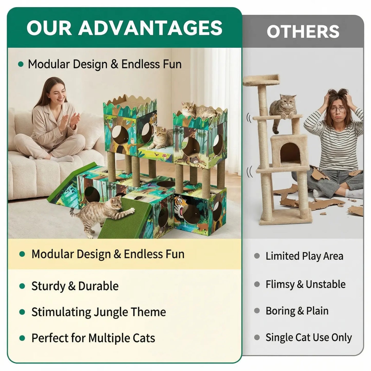 Palnests Cat Trees Tower, 3-In-1 Multi-Level Cat Tree Tower with Scratching Posts, Scratching Board, Tunnel & Playhouse for Kittens & Medium Cats, DIY & Recyclable