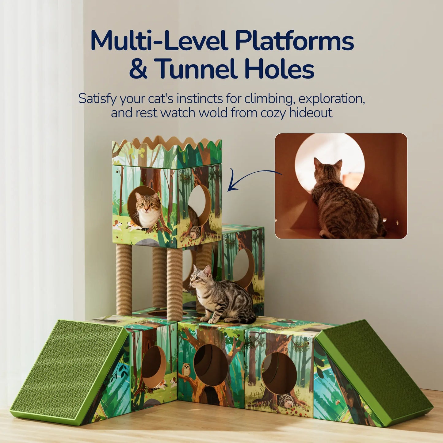 Palnests Cat Trees Tower, 3-In-1 Multi-Level Cat Tree Tower with Scratching Posts, Scratching Board, Tunnel & Playhouse for Kittens & Medium Cats, DIY & Recyclable