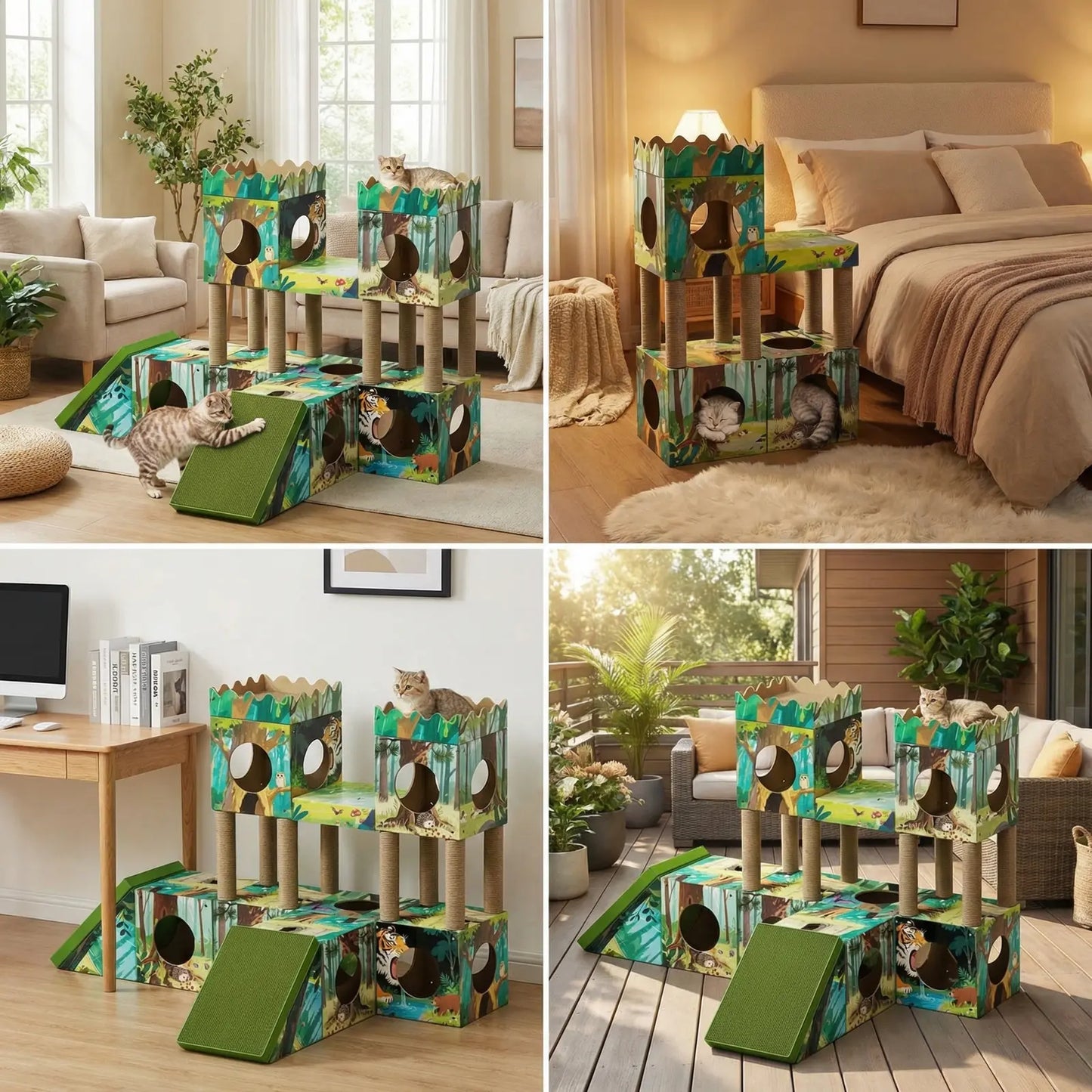 Palnests Cat Trees Tower, 3-In-1 Multi-Level Cat Tree Tower with Scratching Posts, Scratching Board, Tunnel & Playhouse for Kittens & Medium Cats, DIY & Recyclable