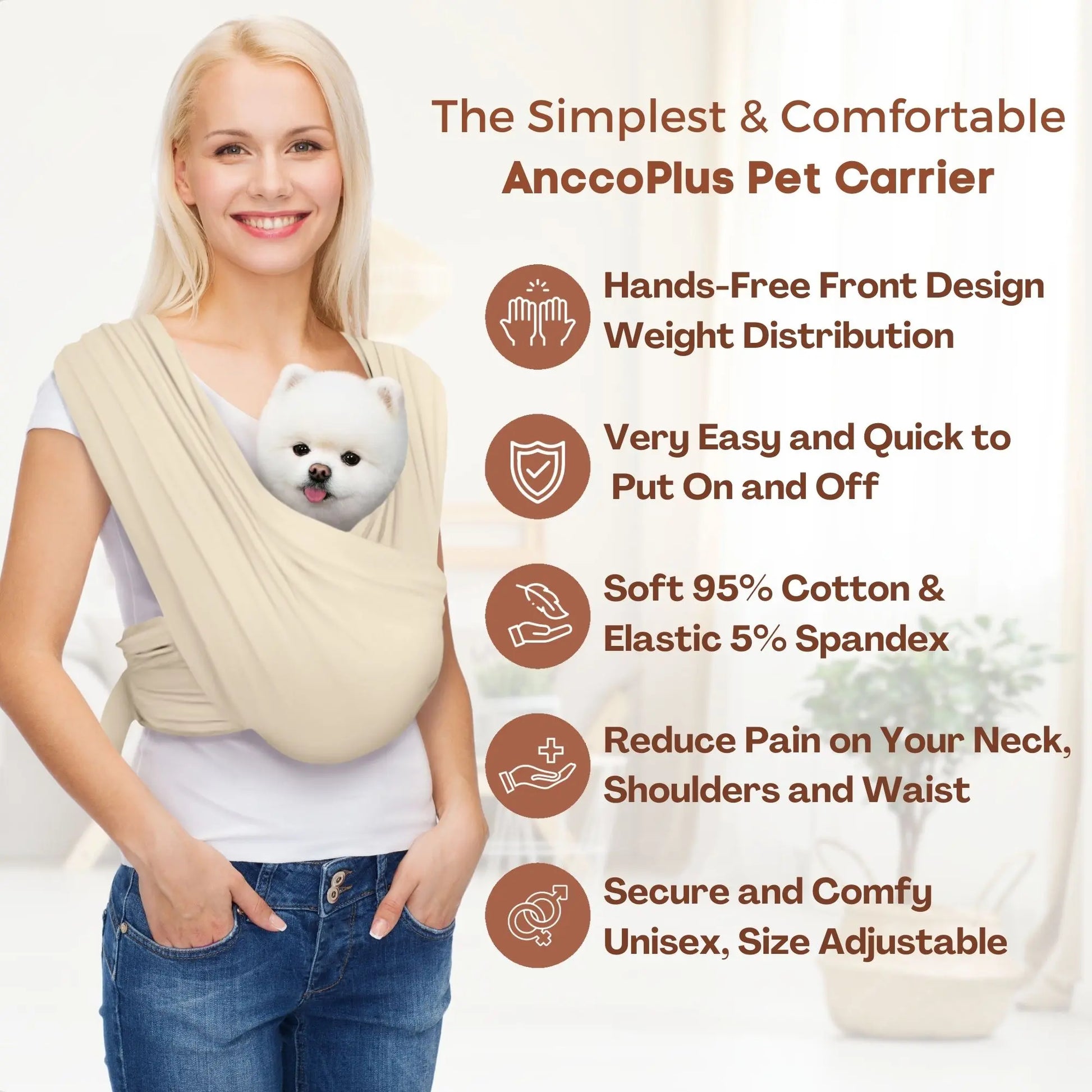Anccoplus Flexible Pet Sling Carrier - Front Facing, Cat Sling, Hands-Free, Soft Premium Cotton, Reduces Back Stress, Safe for Small Pets