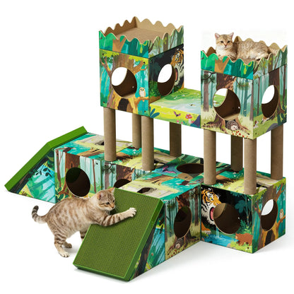 Palnests Cat Trees Tower, 3-In-1 Multi-Level Cat Tree Tower with Scratching Posts, Scratching Board, Tunnel & Playhouse for Kittens & Medium Cats, DIY & Recyclable