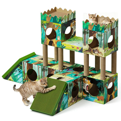 Palnests Cat Trees Tower, 3-In-1 Multi-Level Cat Tree Tower with Scratching Posts, Scratching Board, Tunnel & Playhouse for Kittens & Medium Cats, DIY & Recyclable